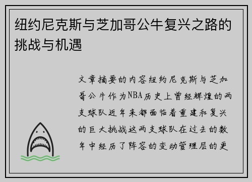 纽约尼克斯与芝加哥公牛复兴之路的挑战与机遇
