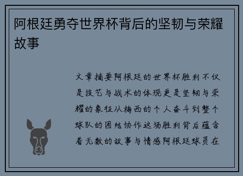 阿根廷勇夺世界杯背后的坚韧与荣耀故事